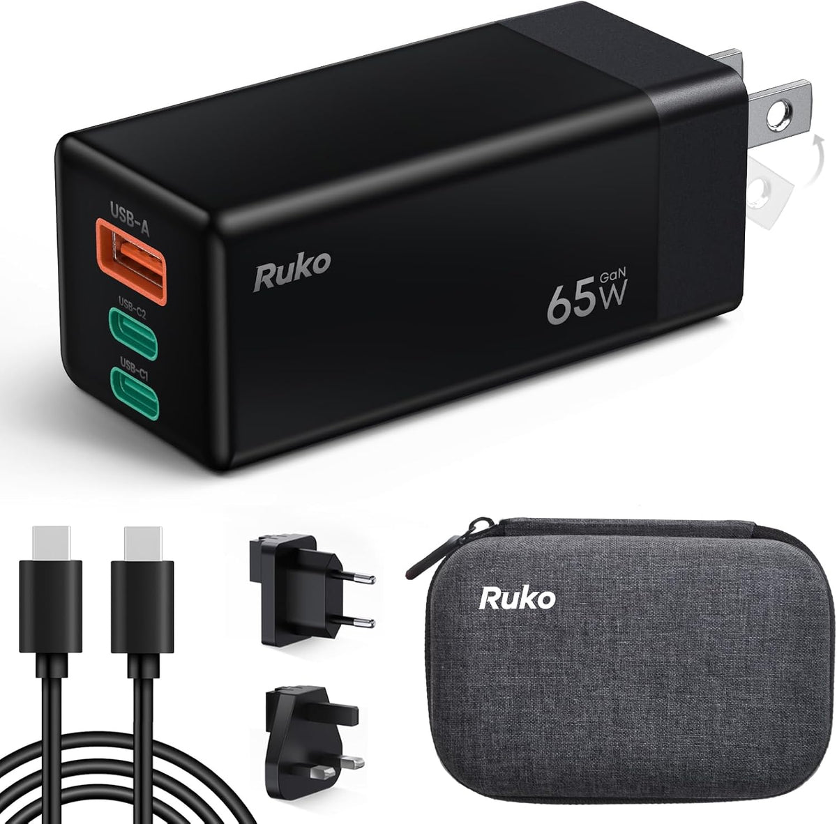 Ruko Kit de cargador de viaje USB C de 65 W, cargador rápido GaN de...
