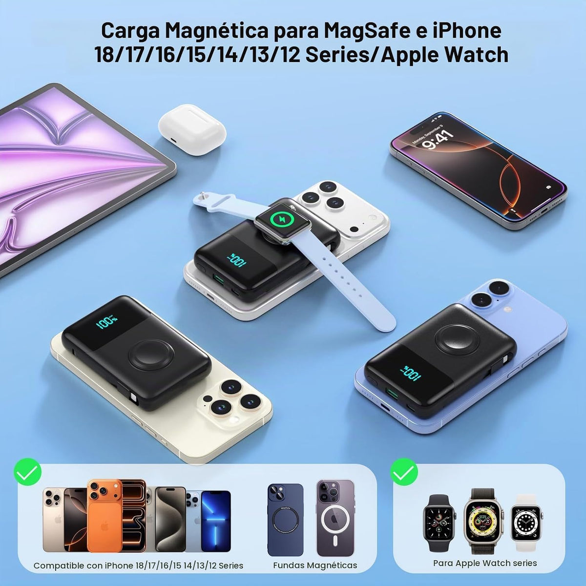 Cargador portátil magnético para el iPhone, 10800mAh Power Bank Cab...