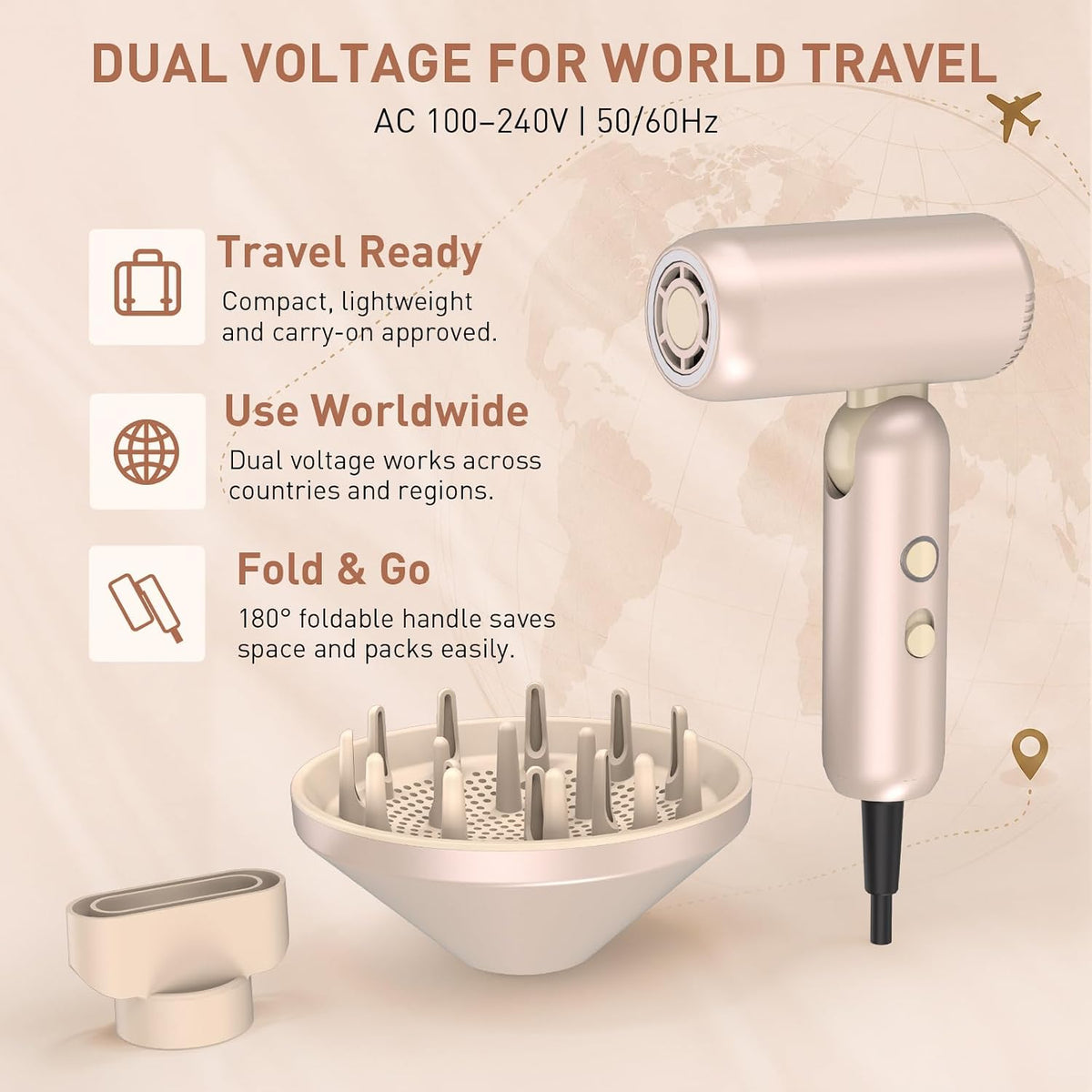 Mythsight StyleVibe - Secador de pelo de viaje de doble voltaje, co...
