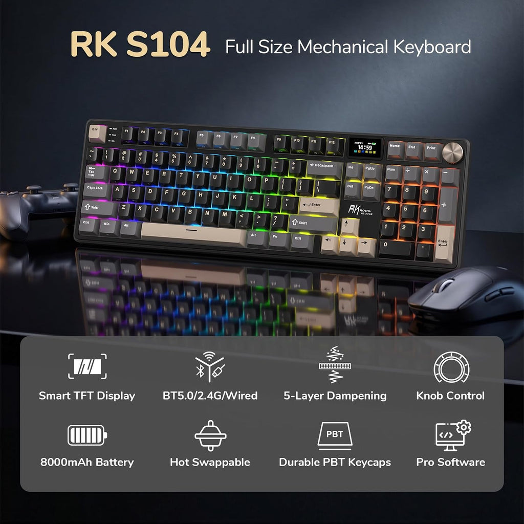 RK ROYAL KLUDGE Teclado mecánico inalámbrico S104 con pantalla y pe...