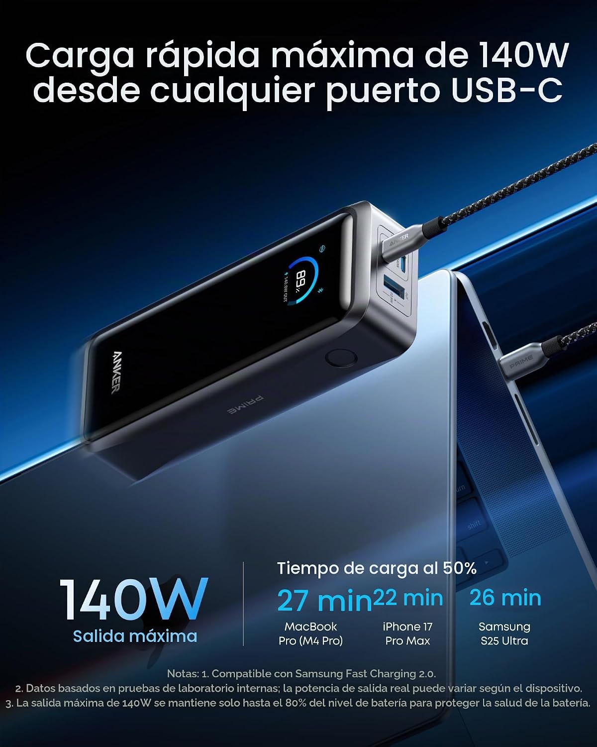 Anker Prime Power Bank, 26,250 mAh 300 W de carga rápida | Cargador...