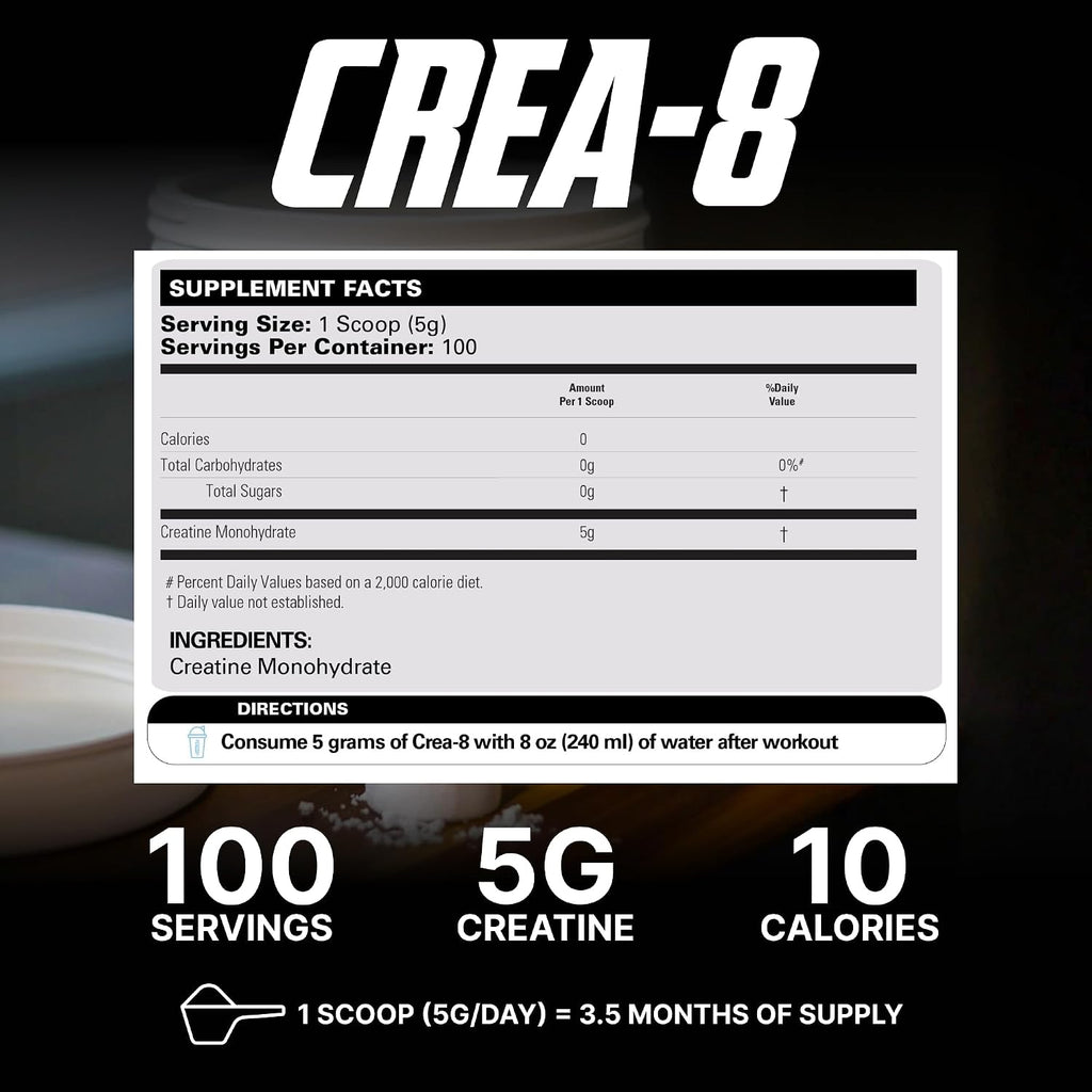 EHP Labs CREA-8 Monohidrato de creatina en polvo, sin sabor, 100 po...