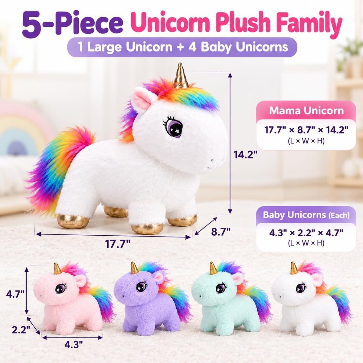 TOYSYM Animal de peluche de unicornio con bebés, conjunto familiar...