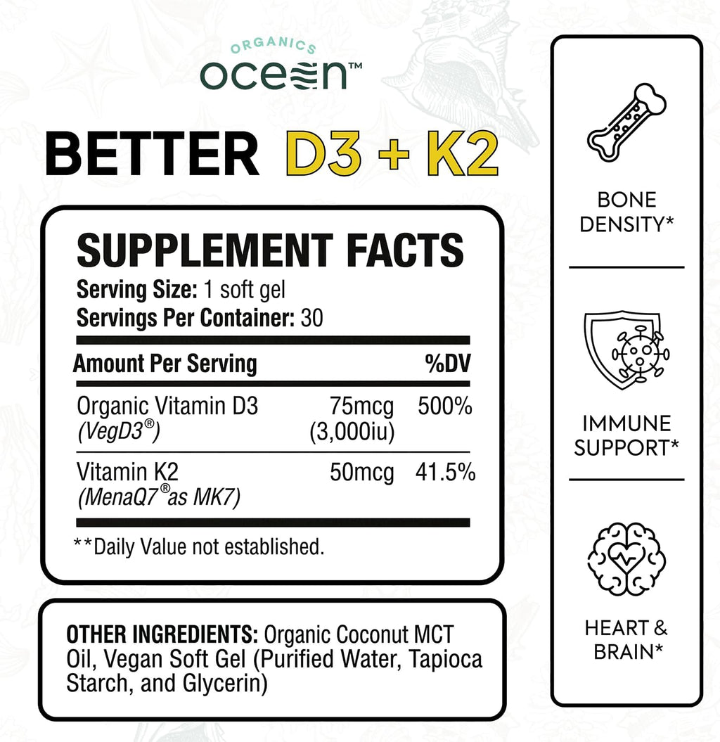 Organics Ocean Better D3 + K2-100% Suplementos Orgánicos de VIT D3...