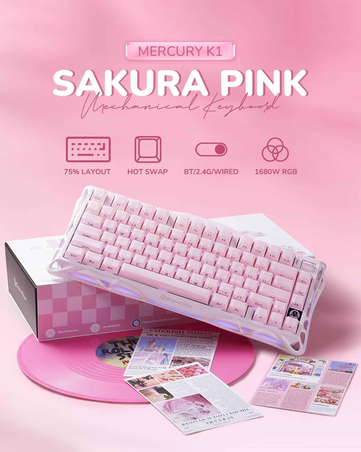 GravaStar Mercury K1 75% Teclado mecánico inalámbrico para juegos c...