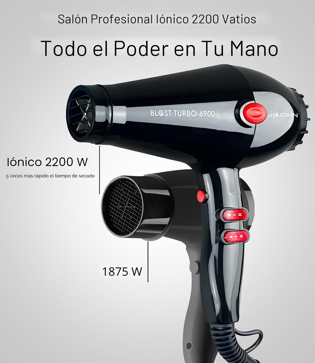 JOHN Secador de pelo, secador profesional de salón con 2200 vatios,...