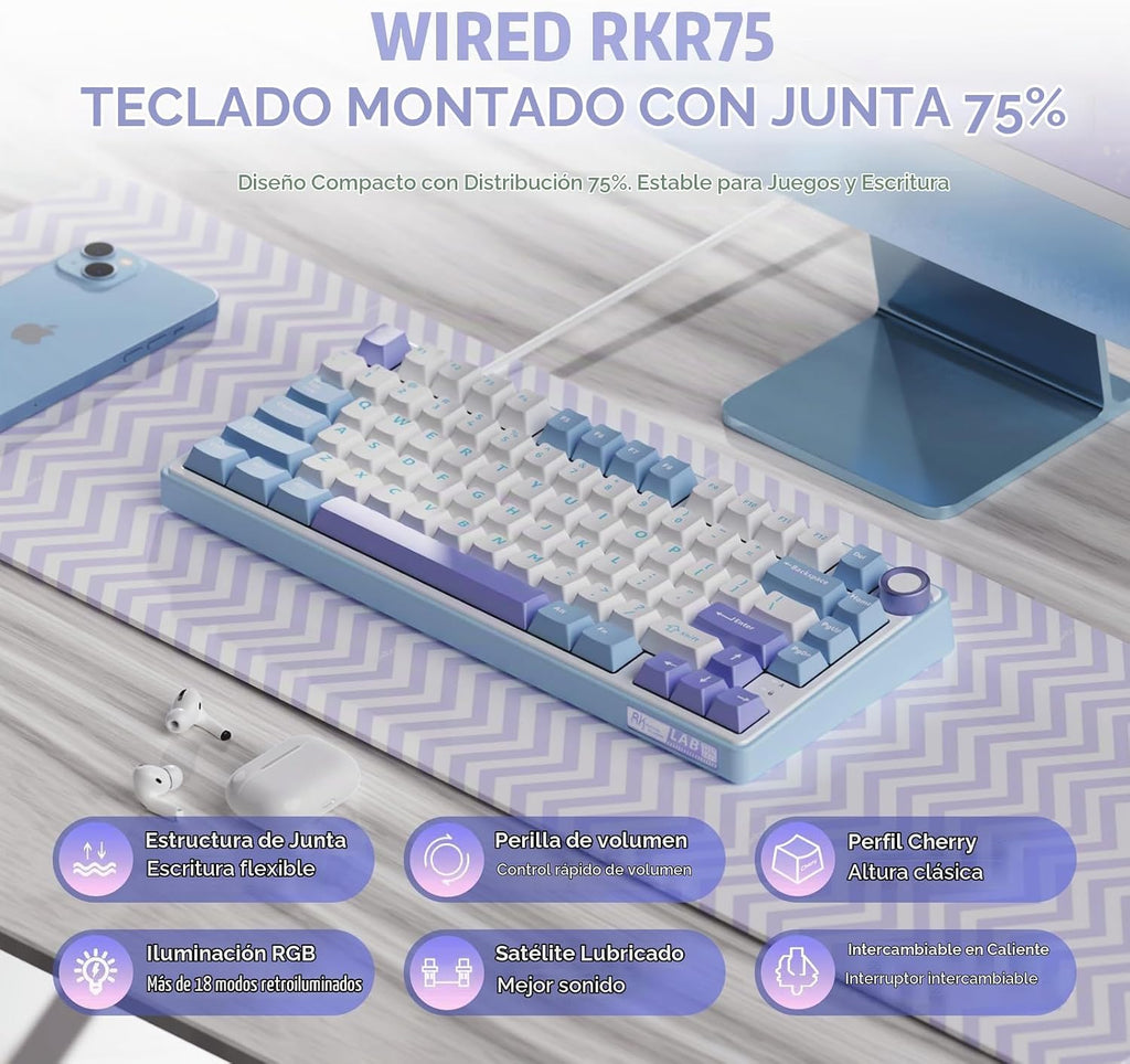RK ROYAL KLUDGE Teclado Mecánico R75 Cableado con Perilla de Volume...
