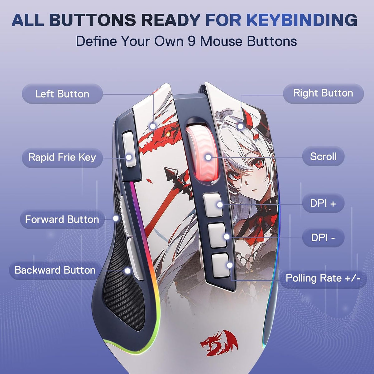 Redragon M612AK PRO Ratón inalámbrico para juegos de anime Teclas d...