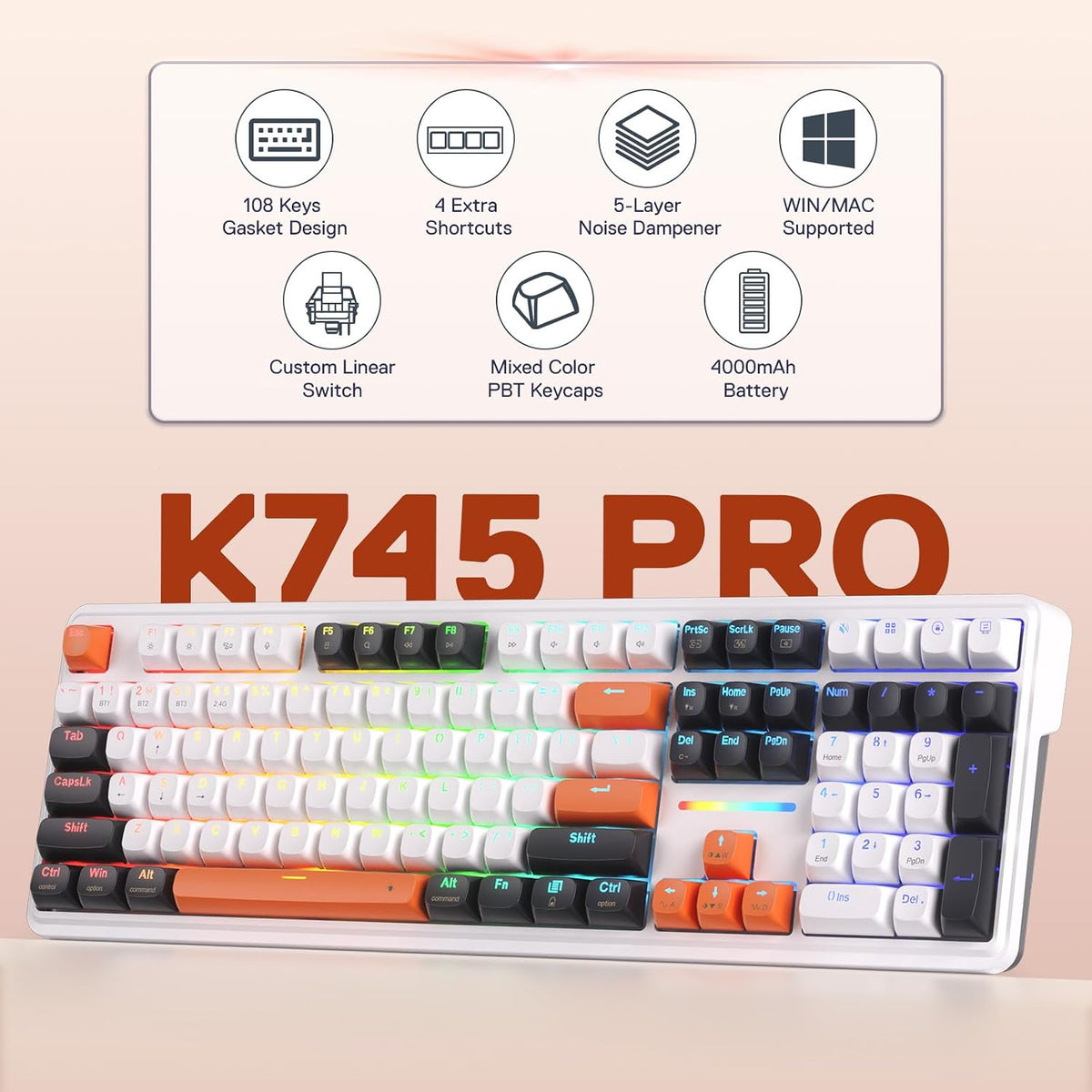Redragon K745 PRO Teclado inalámbrico para juegos RGB con junta de...
