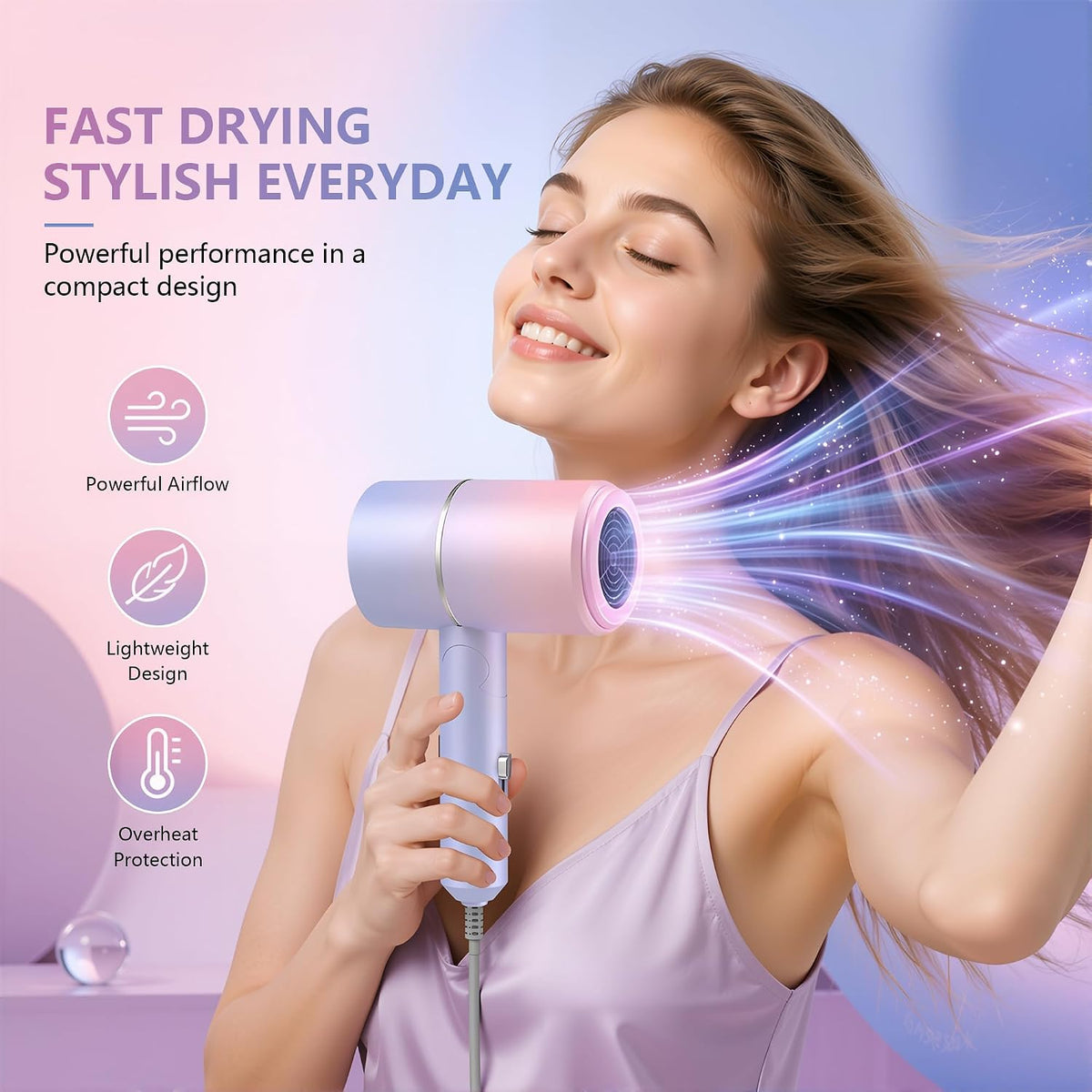 Secador de pelo iónico plegable con difusor, 1875W, rosa azul | Mot...