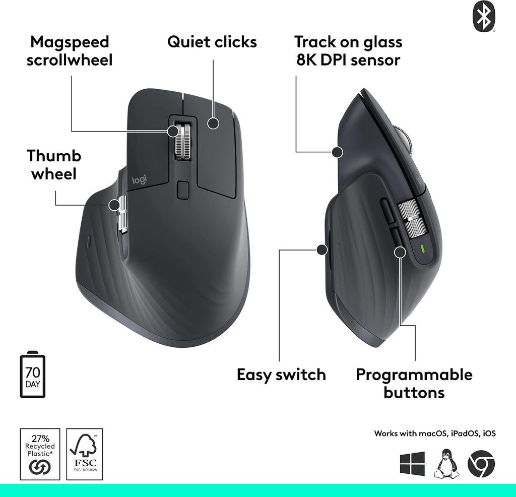 Ratón inalámbrico Logitech MX Master 3S Bluetooth sin receptor - Gr...