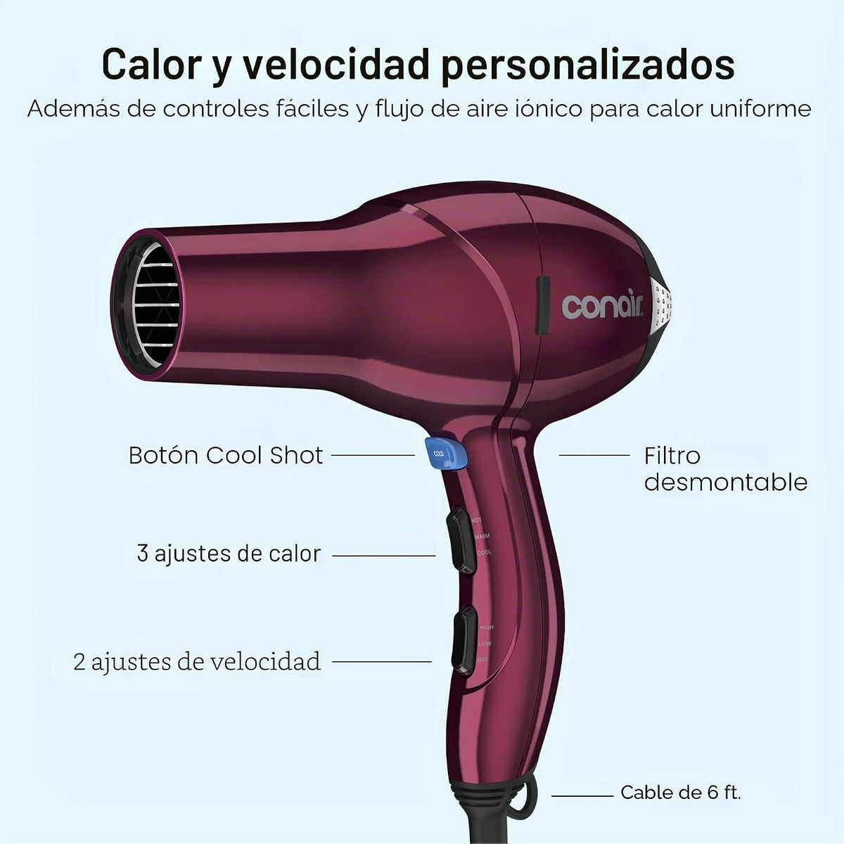 Secador de pelo Conair con difusor, concentrador y cepillo redondo,...