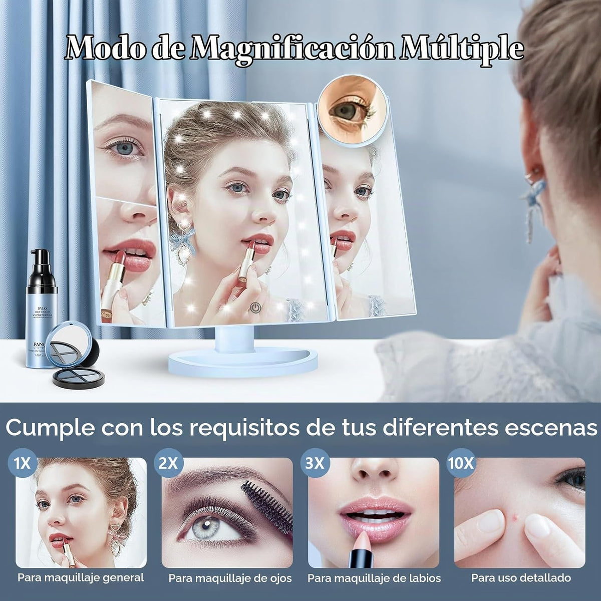 HUONUL Espejo de tocador con aumento 2X\/3X\/10X con luz, espejo de...