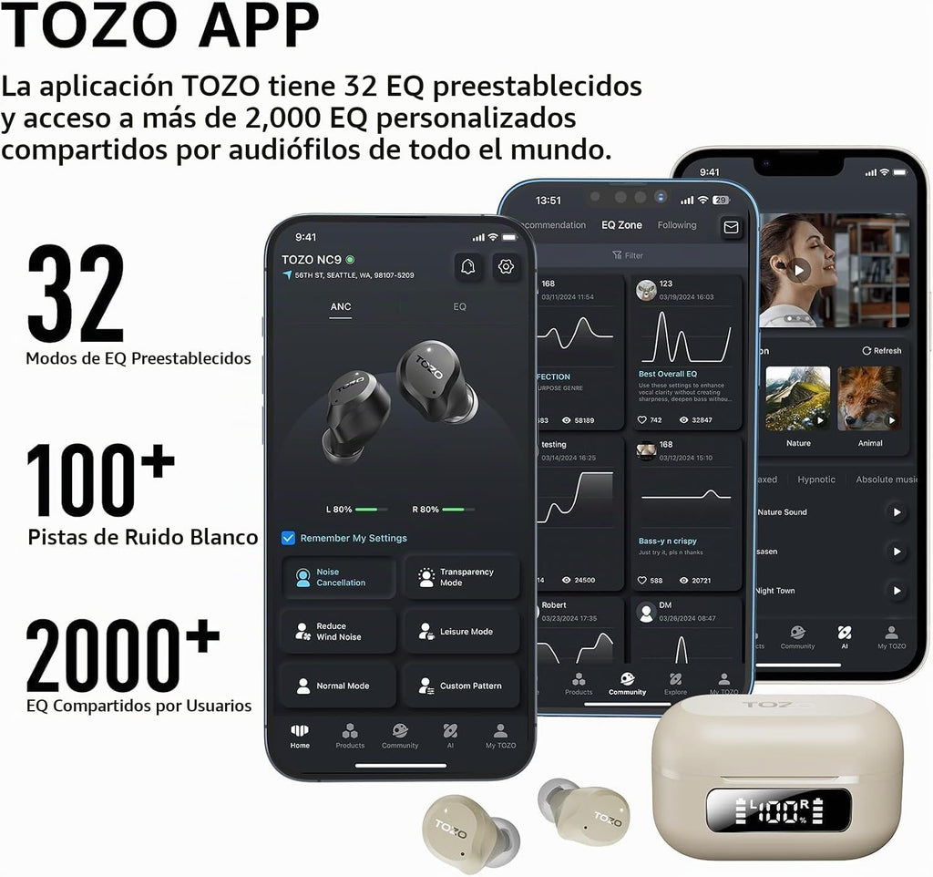 TOZO NC9 Auriculares inalámbricos híbridos con cancelación activa d...
