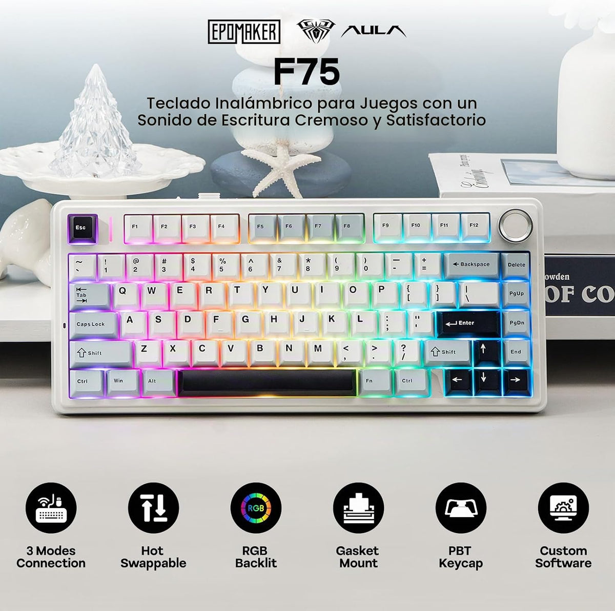 EPOMAKER x Aula F75 - Teclado mecánico con junta, 75% inalámbrico i...