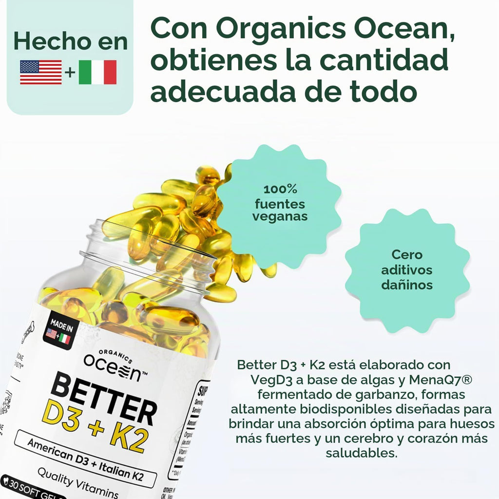 Organics Ocean Better D3 + K2-100% Suplementos Orgánicos de VIT D3...
