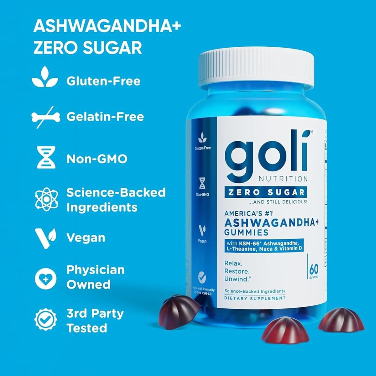 Goli Gomitas Ashwagandha sin azúcar, 60 unidades cada una (5 unidad...