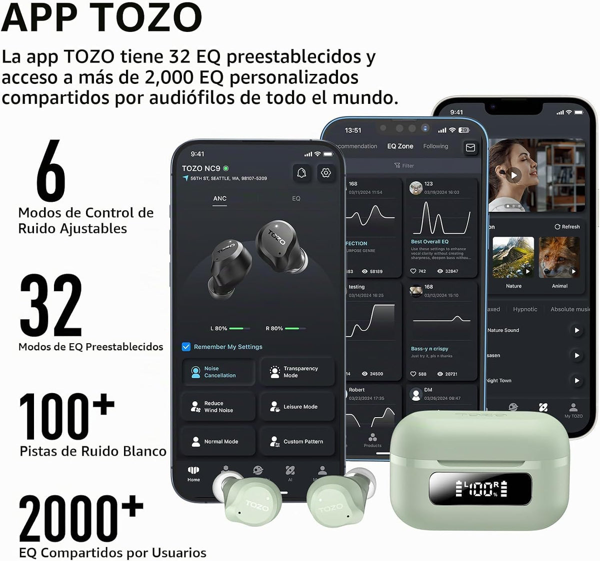 TOZO NC9 Auriculares inalámbricos híbridos con cancelación activa d...