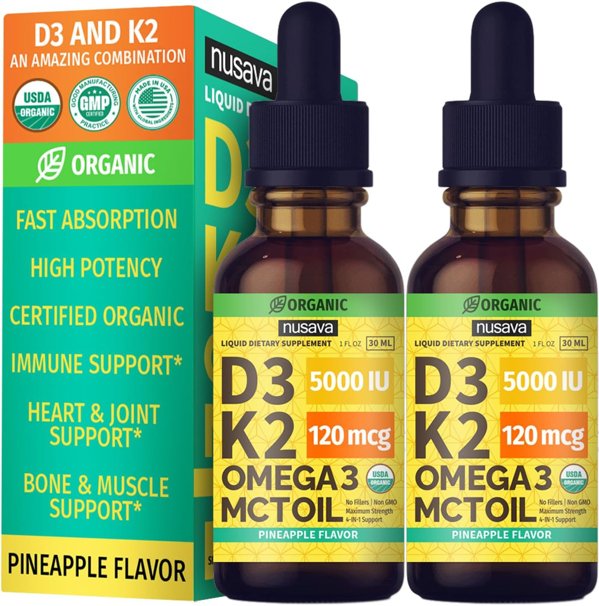 NUSAVA Gotas orgánicas de vitamina D3 K2 con aceite MCT, piña, paqu...