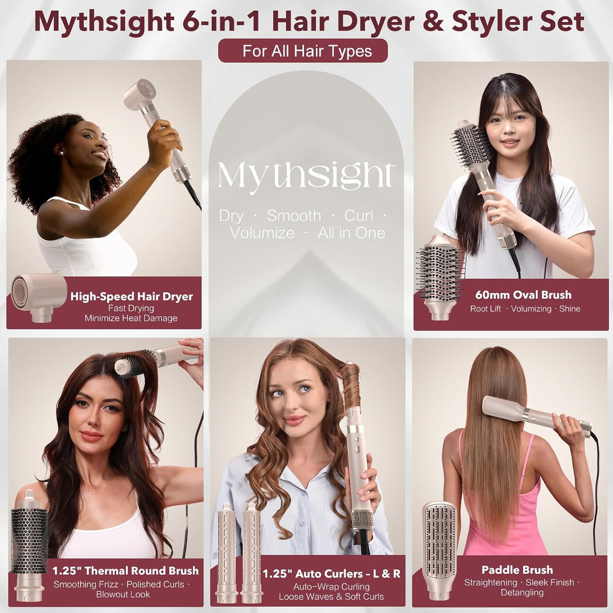 Mythsight StyleVibe 6 en 1 Air Styler con secador de pelo y rizos a...