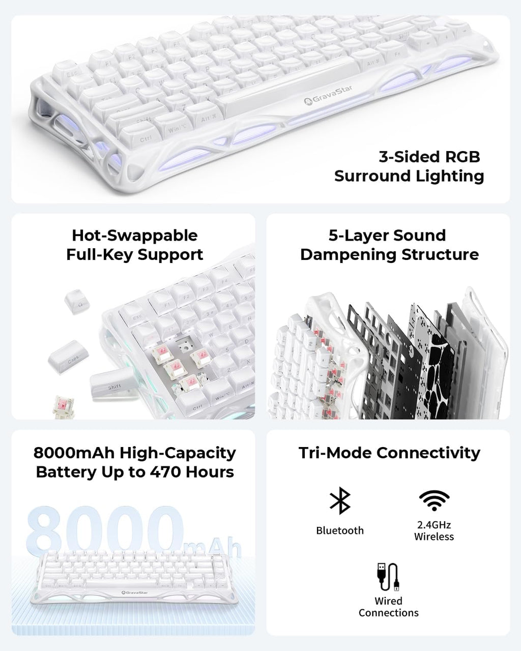 GravaStar Mercury K1 75% Teclado mecánico inalámbrico para juegos c...
