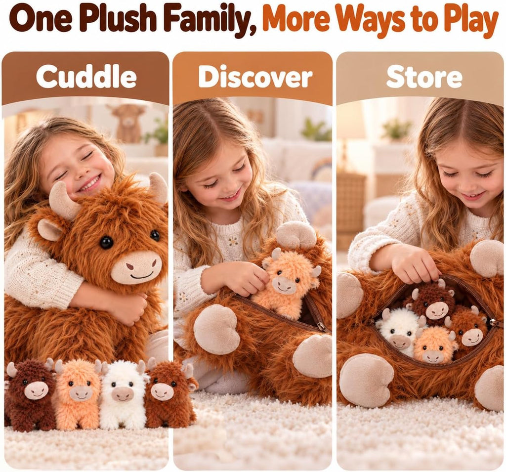 TOYSYM Highland Cow - Animal de peluche con bebés, juego familiar d...