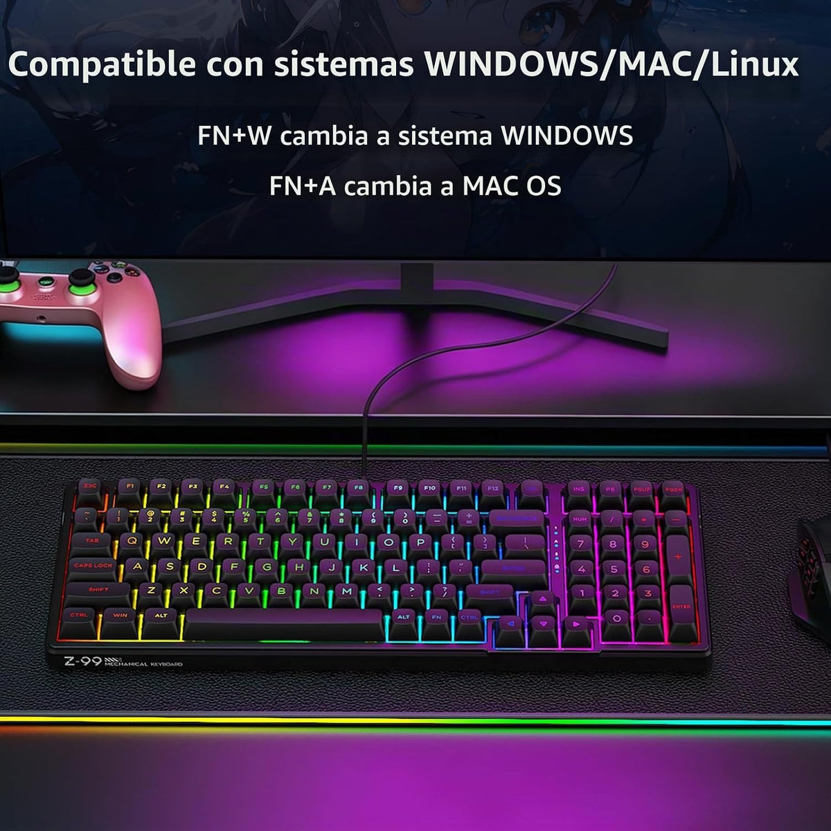 Teclado mecánico con cable HUO JI Z-99, sonido cremoso, retroilumin...