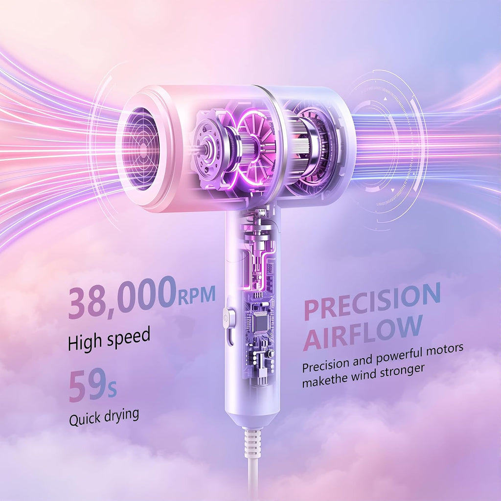 Secador de pelo iónico plegable con difusor, 1875W, rosa azul | Mot...