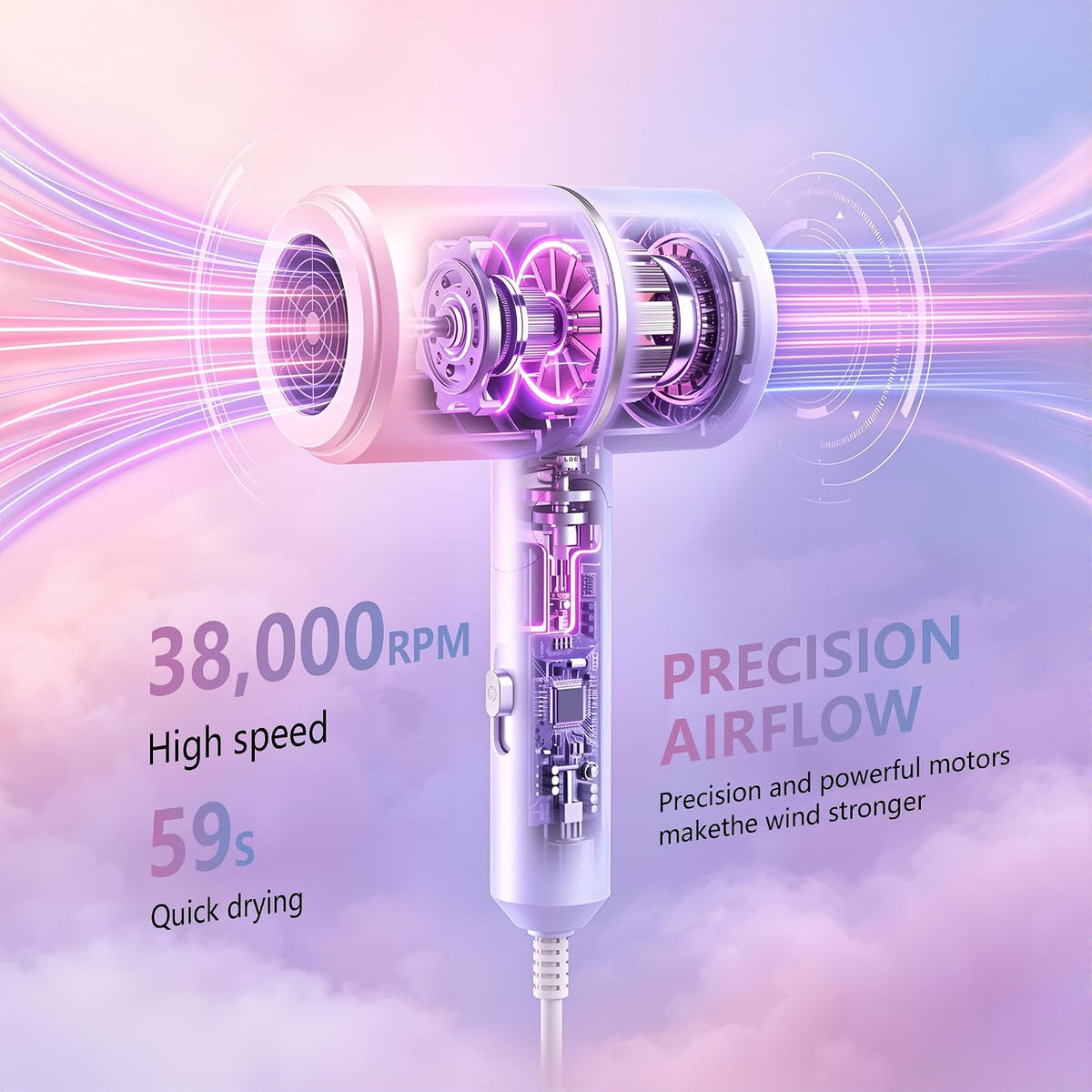 Secador de pelo iónico plegable con difusor, 1875W, rosa azul | Mot...