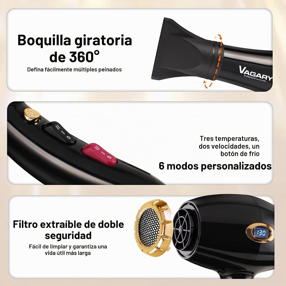 VAGARY Secador de pelo con concentrador difusor, 2200 W profesional...