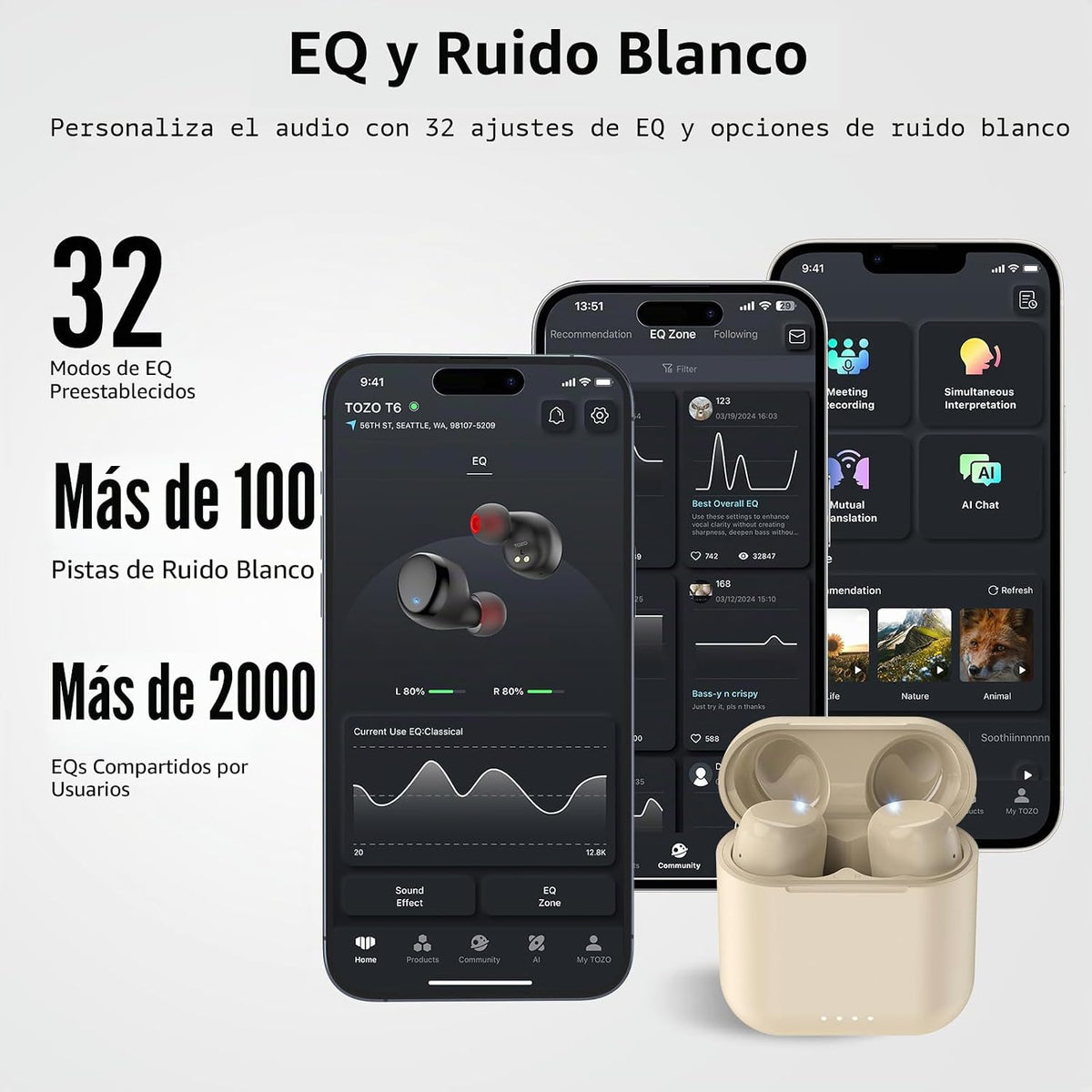 Auriculares inalámbricos TOZO T6 con sonido estéreo Bluetooth 5.3,...