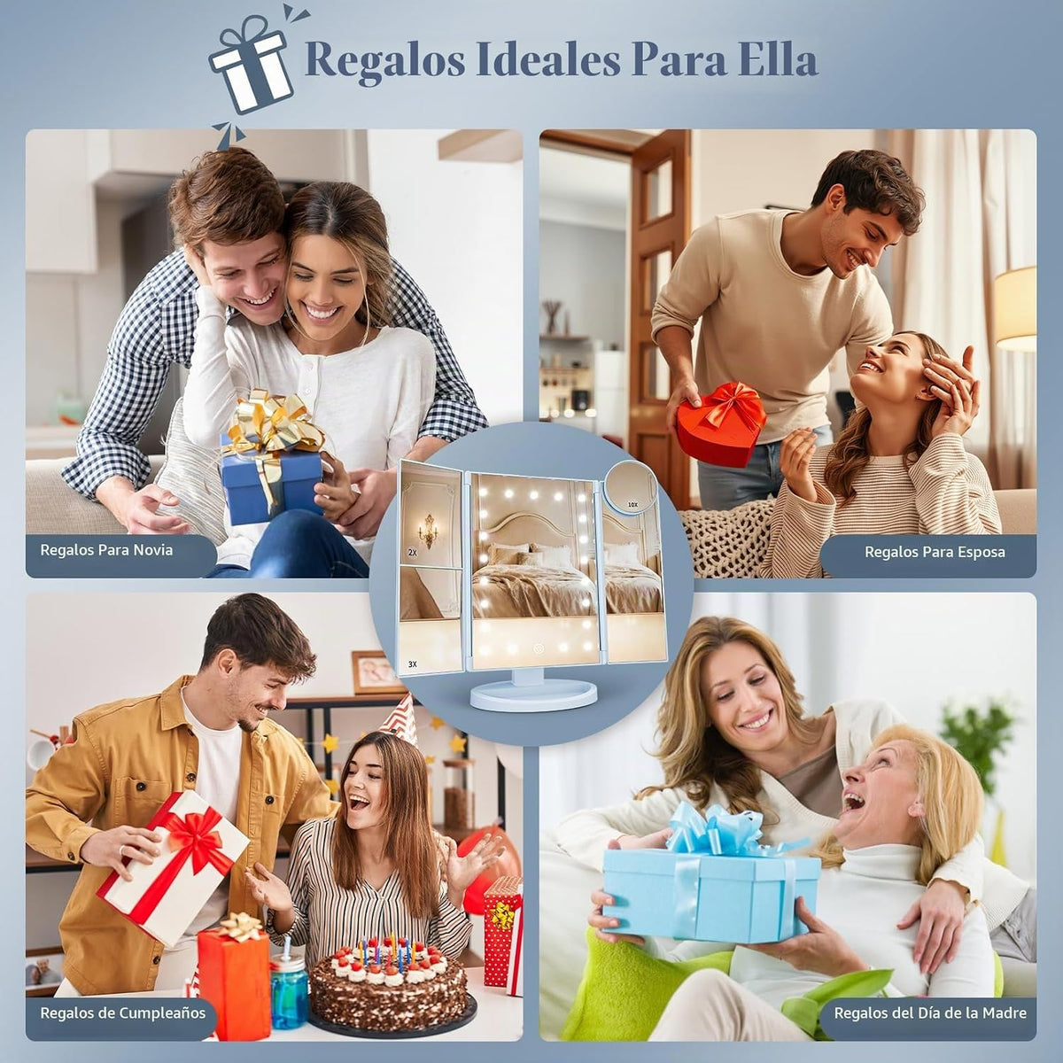 HUONUL Espejo de tocador con aumento 2X\/3X\/10X con luz, espejo de...