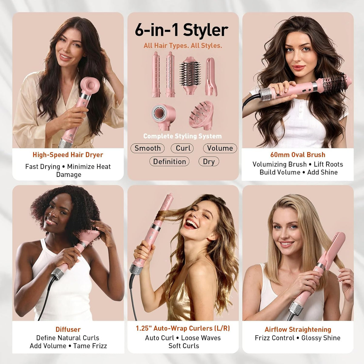 Mythsight StyleVibe - Moldeador de aire 6 en 1 con secador de pelo...