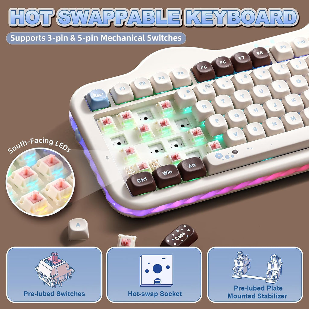 YUNZII Teclado mecánico inalámbrico C98 Cute Cake (Choco, interrupt...