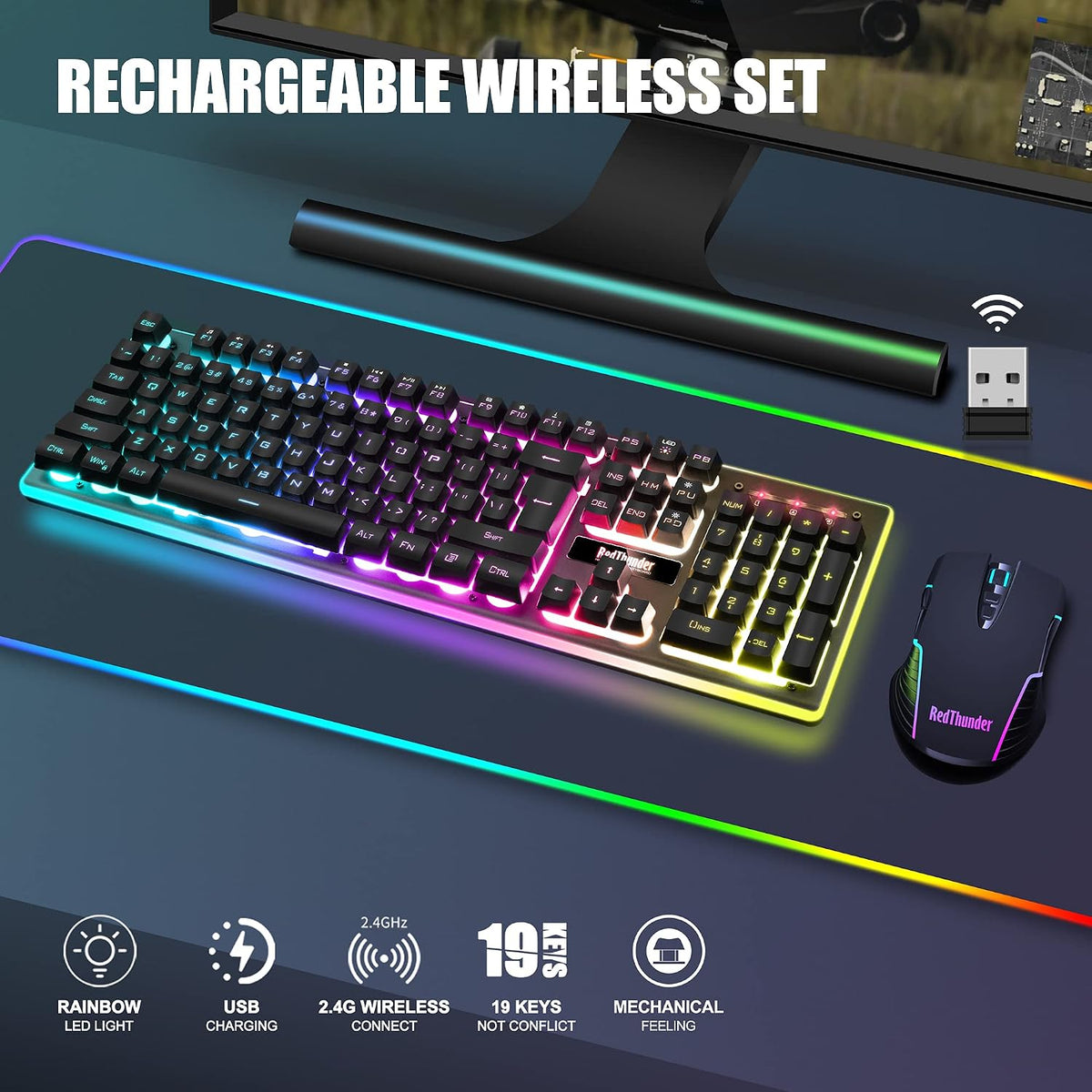 RedThunder K10 Combo inalámbrico de teclado y mouse para juegos, re...