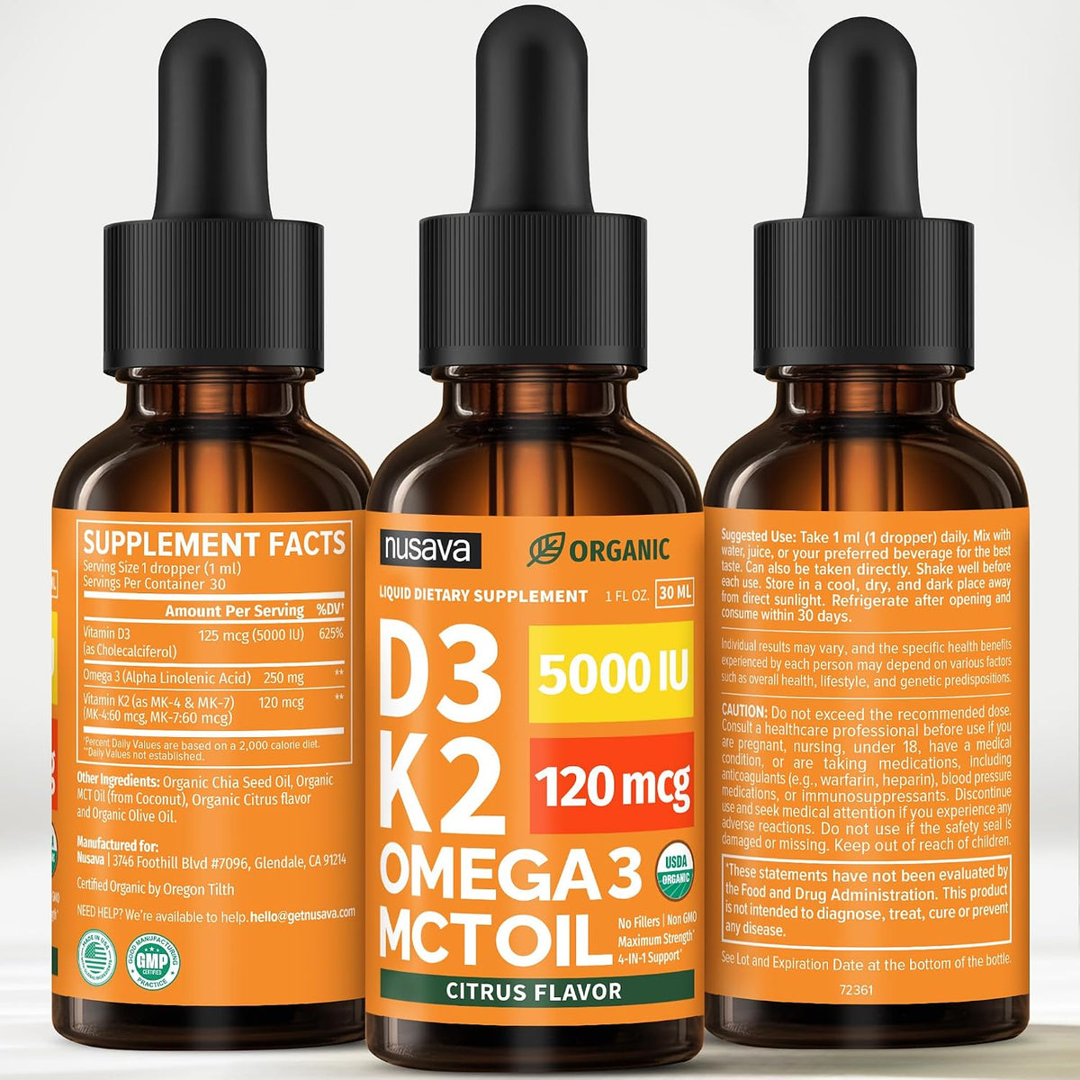 NUSAVA Gotas orgánicas de vitamina D3 K2 con aceite MCT, cítricos,...
