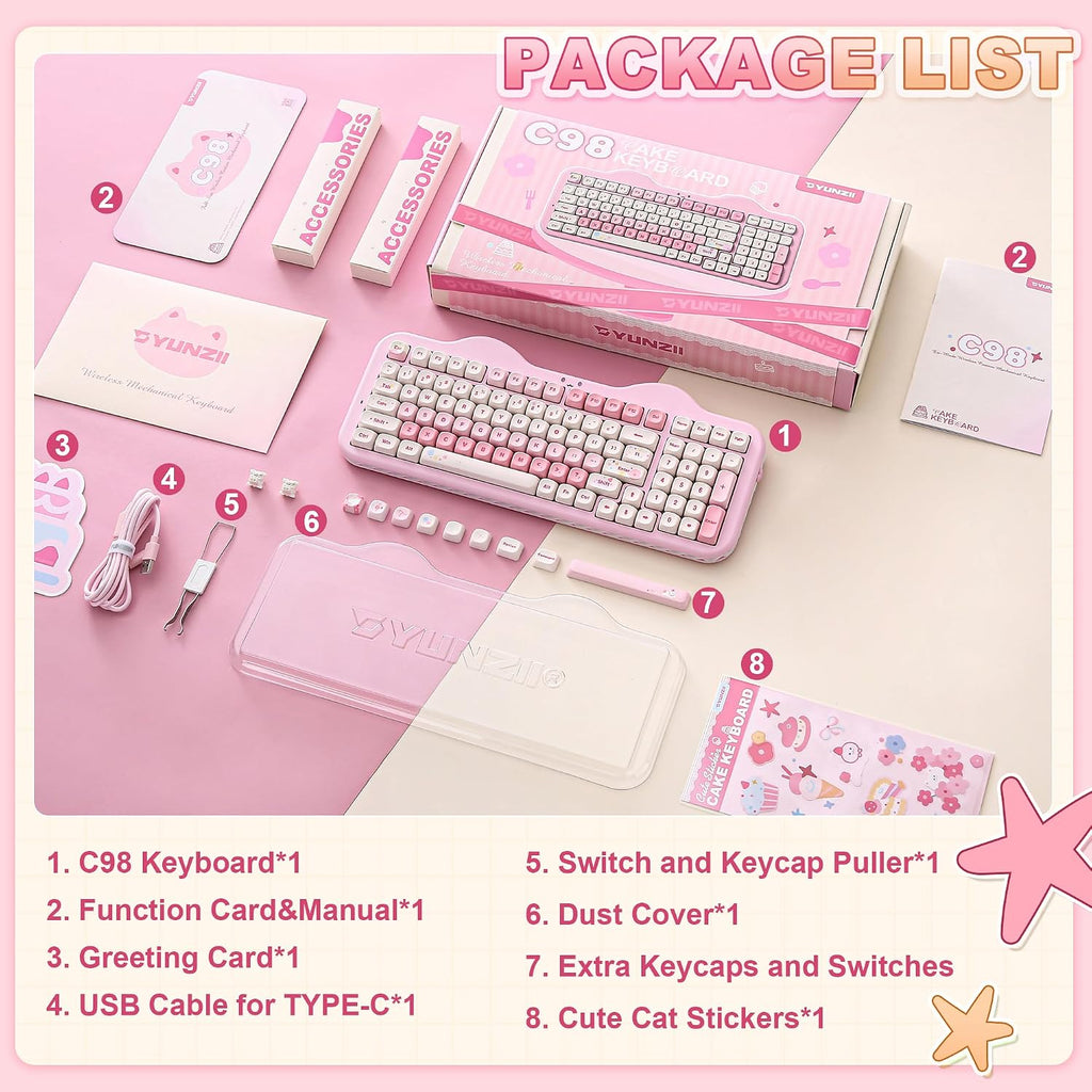 YUNZII Teclado mecánico inalámbrico C98 Cute Cake (rosa, interrupto...