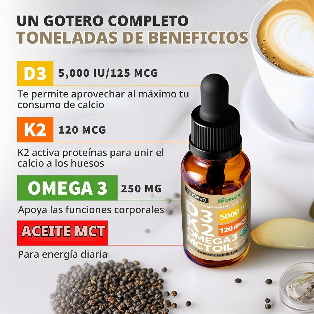 NUSAVA Gotas orgánicas de vitamina D3 K2 con aceite MCT, capuchino,...