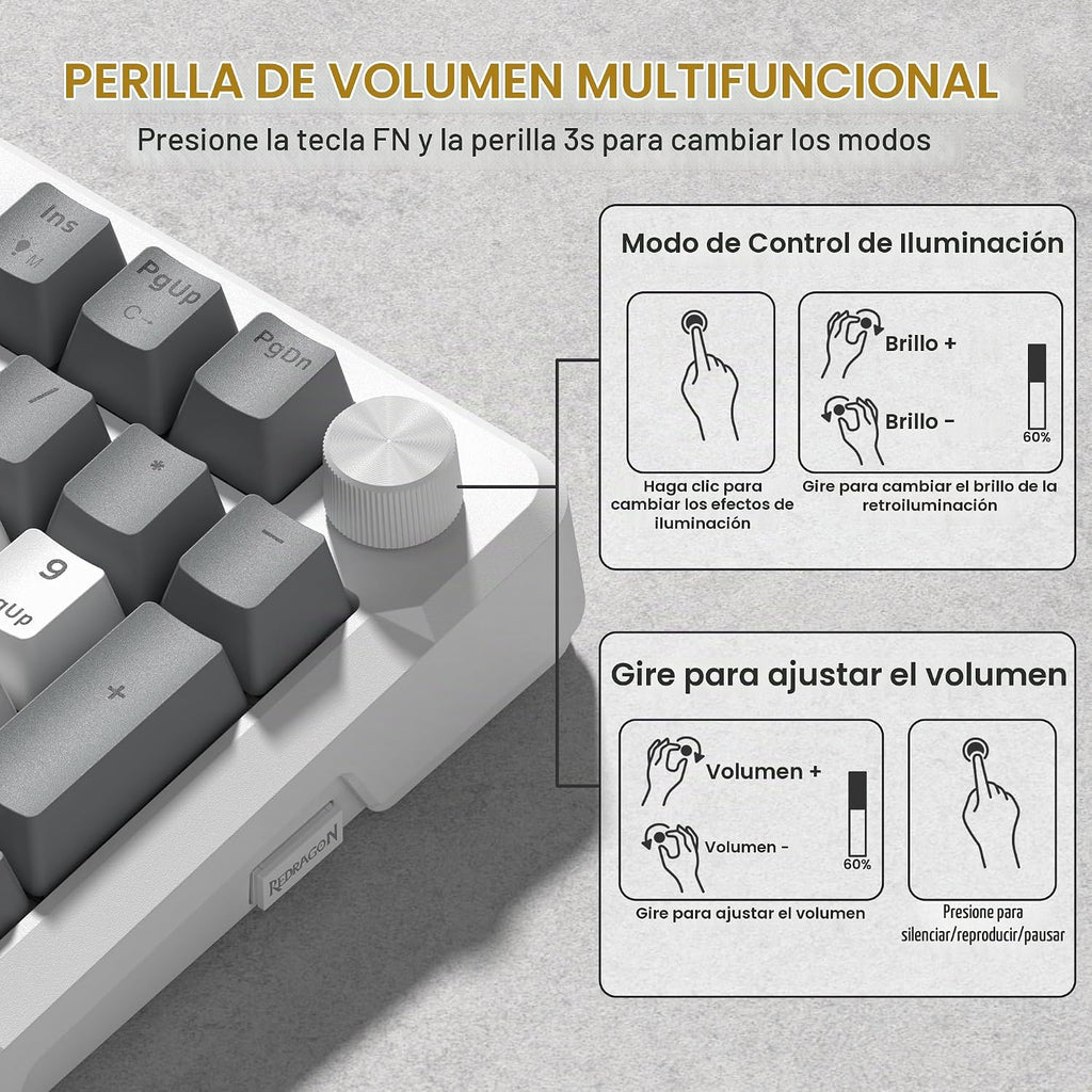 Redragon K742 Teclado mecánico inalámbrico para juegos con perilla,...