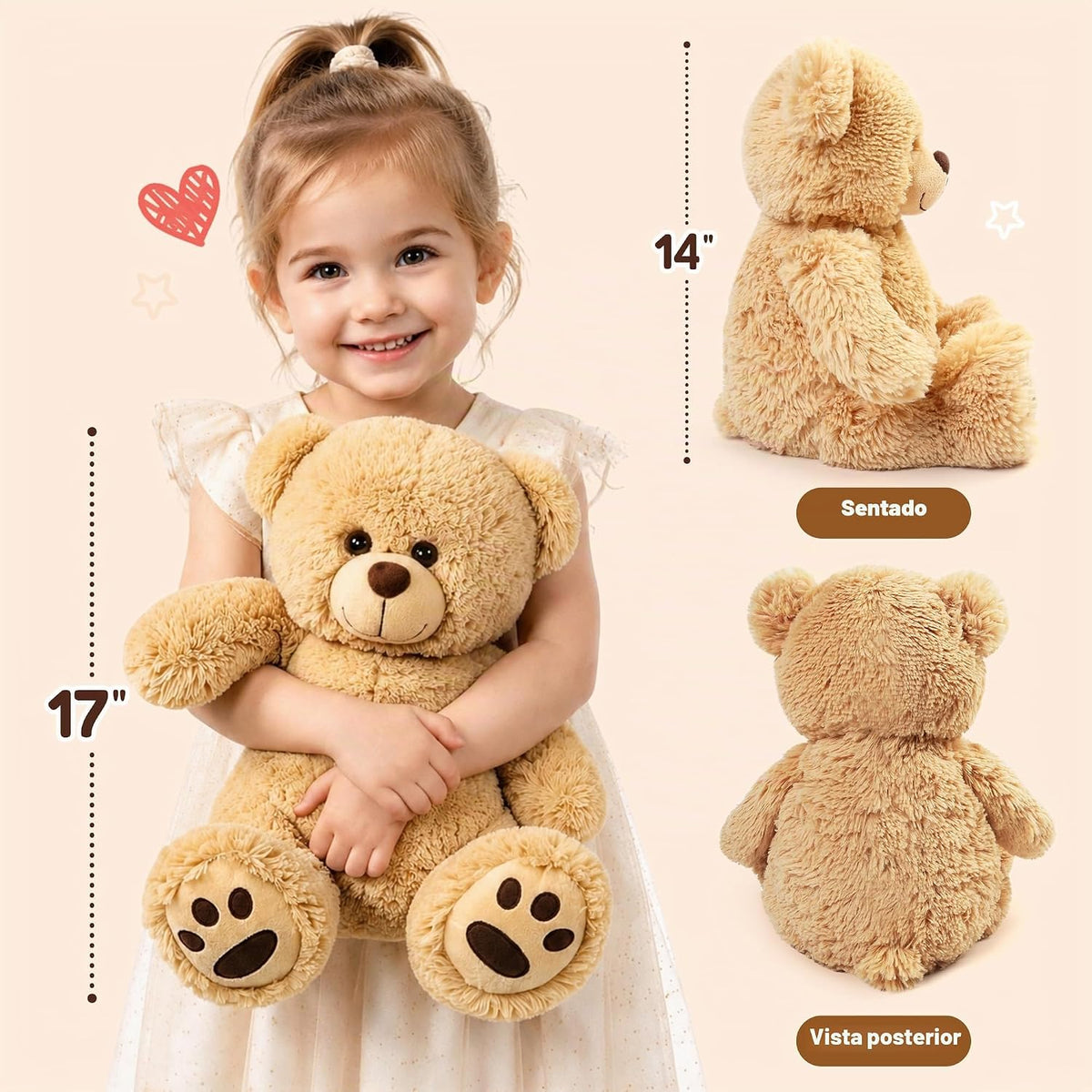 LotFancy Oso de peluche, peluche suave de 17 pulgadas, marrón claro...