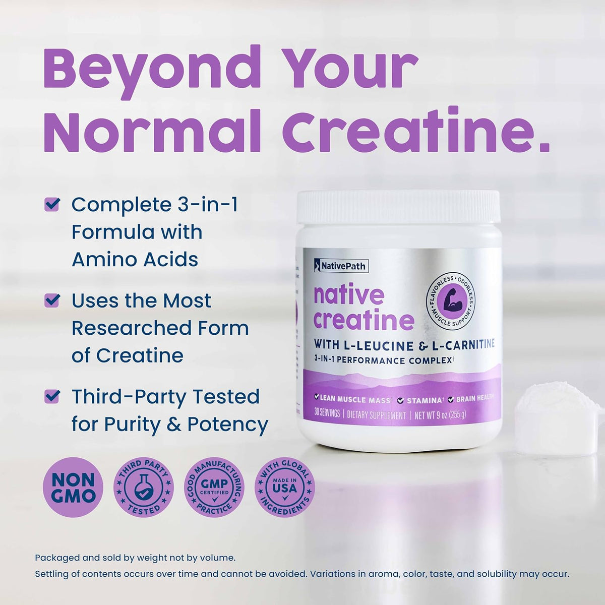 Monohidrato de creatina NativePath, sin sabor, 30 porciones | 5 g p...