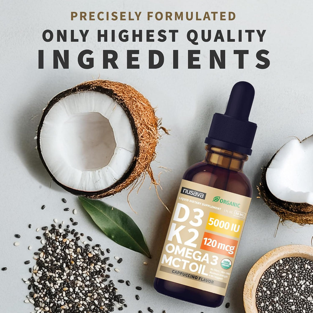 NUSAVA Gotas orgánicas de vitamina D3 K2 con aceite MCT, capuchino,...