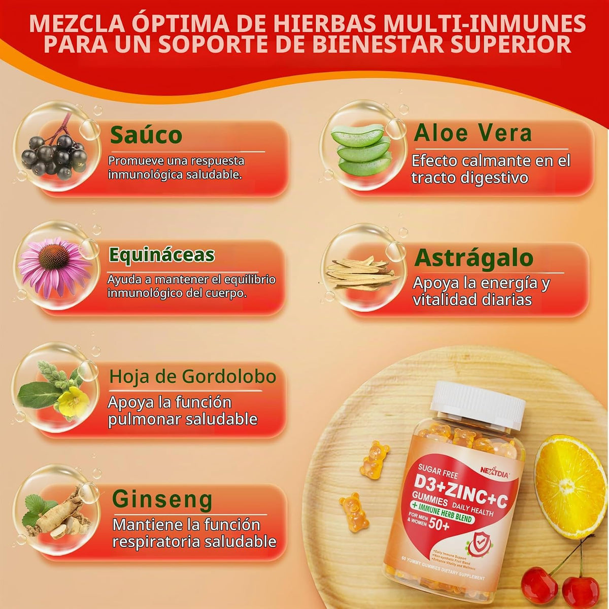 Gomitas de vitamina C + D3 + zinc sin azúcar para adultos mayores d...