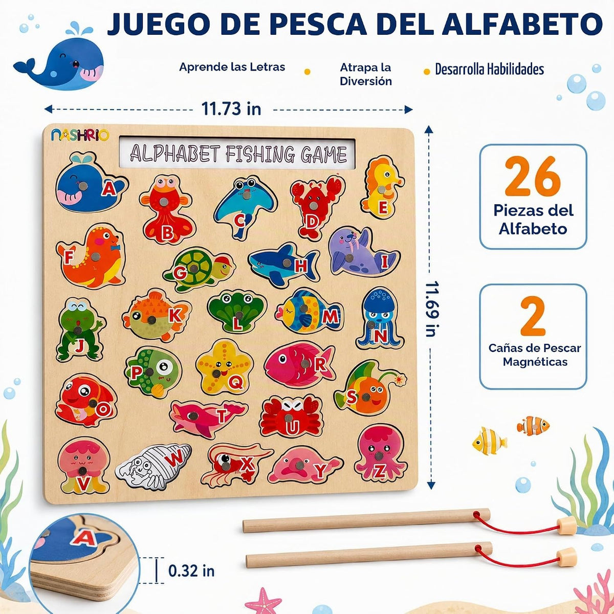 Juego de pesca con alfabeto magnético de madera para niños de 3 a 5...
