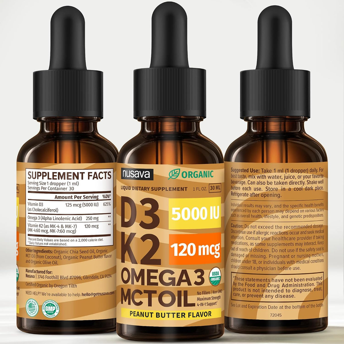 Paquete de 2 gotas orgánicas de vitamina D3 K2 con aceite MCT Omega...