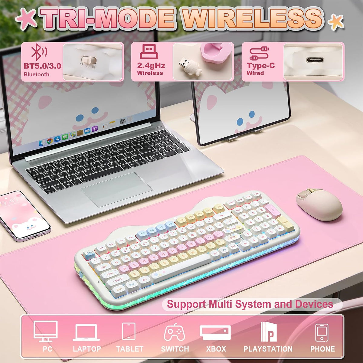 YUNZII Teclado mecánico inalámbrico C98 Cute Cake (beige, interrupt...