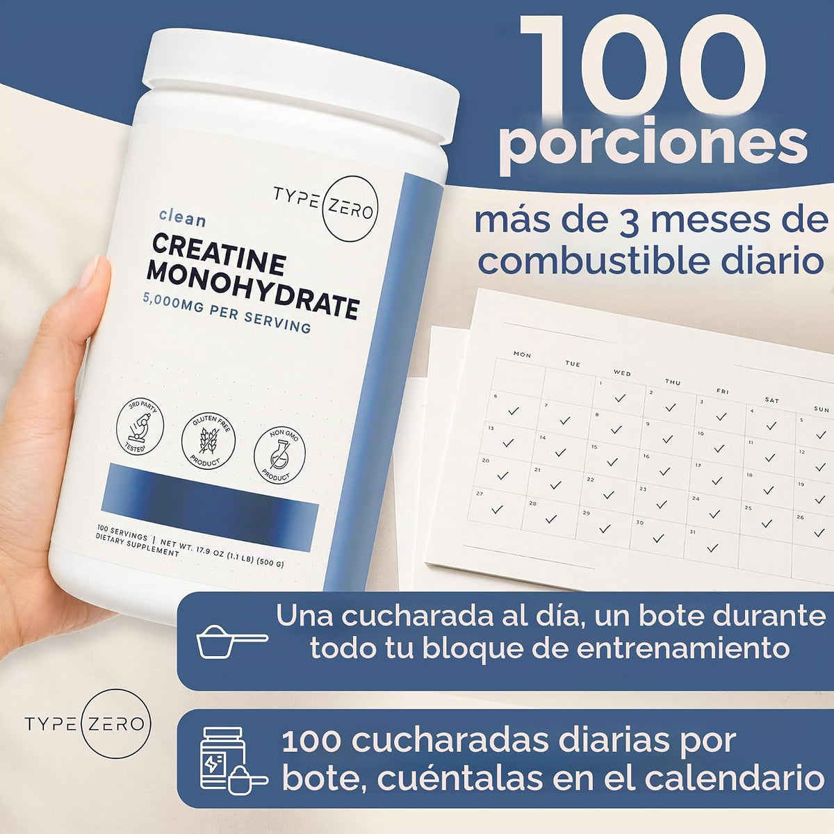 Type Zero Monohidrato de creatina en polvo (sin sabor) 17.64 oz | 5...