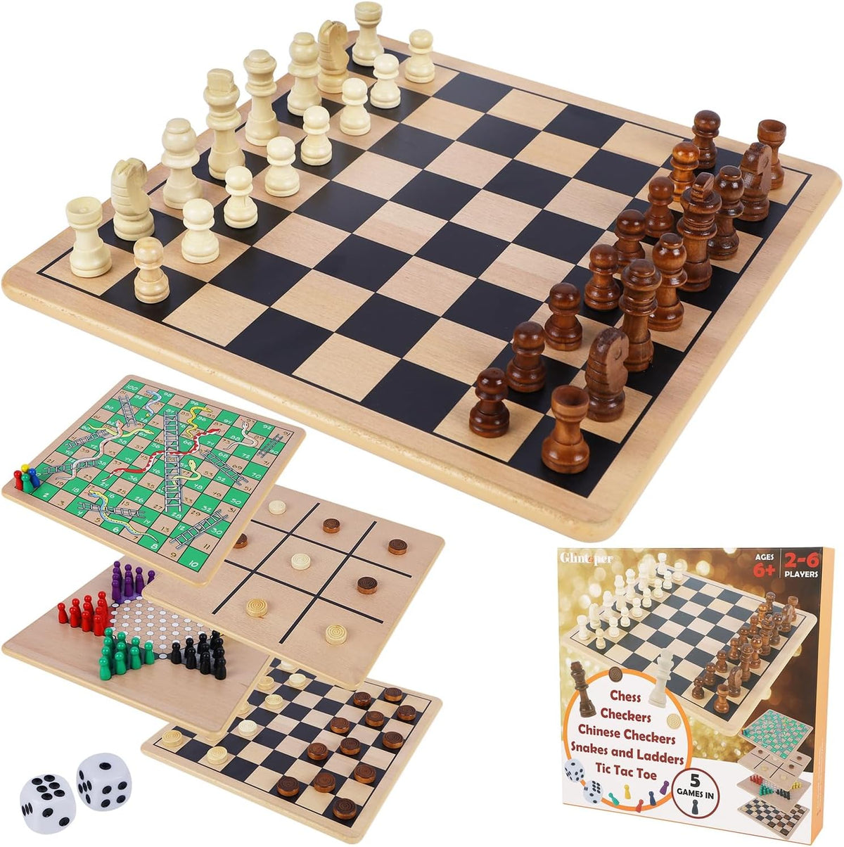 Glintoper Juego de Mesa de Madera 5 en 1 con 2 Tableros Reversibles...