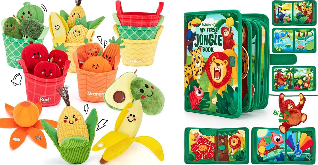 Hahaland Juguetes sensoriales de frutas y verduras y libro ocupado...