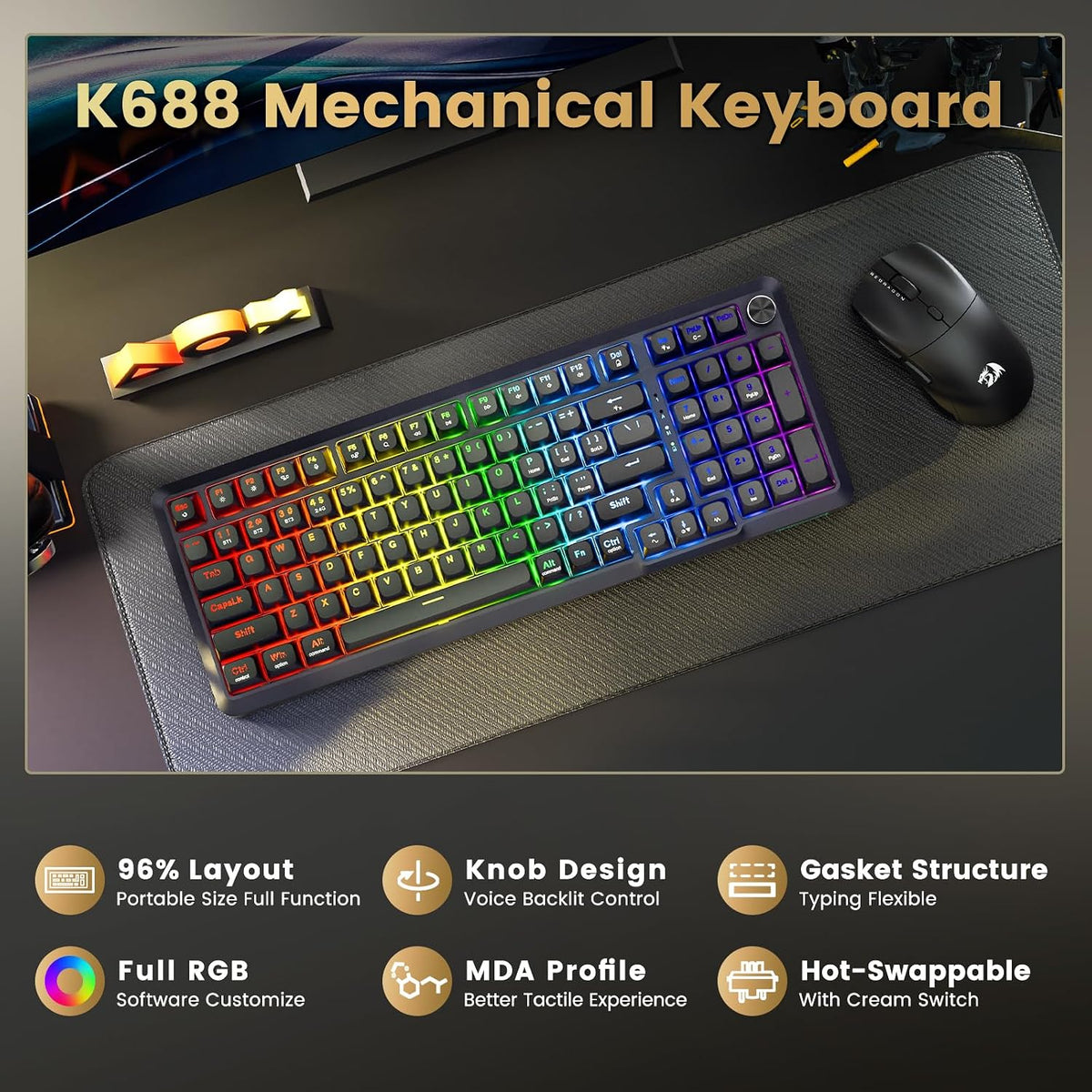 Redragon K688PRO Teclado mecánico inalámbrico para juegos con junta...